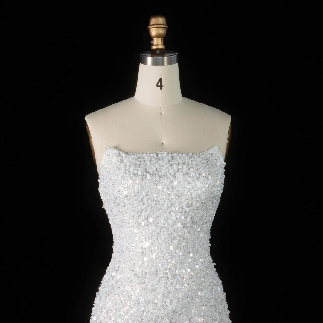Elegant White Sequin and Pearl Strapless Mini Wedding Dress SW520
