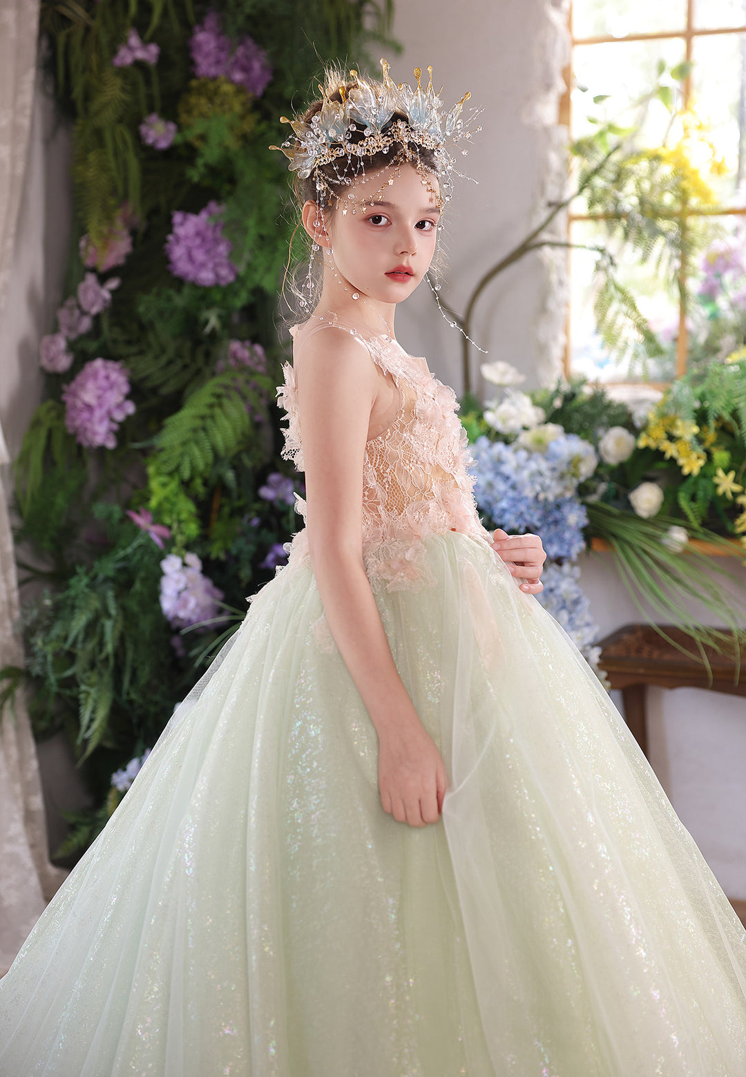 Sage Green Floral Lace Princess Ball Gown Flower Girl Dress J118