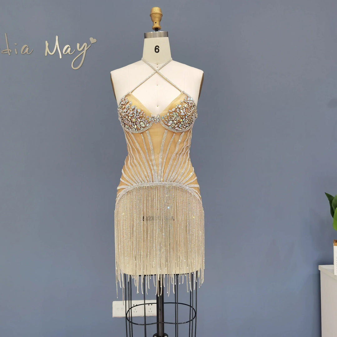 Elegant Strapless Crystal Tassel Mini Cocktail Dress RM012