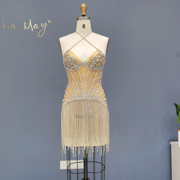 Elegant Strapless Crystal Tassel Mini Cocktail Dress RM012