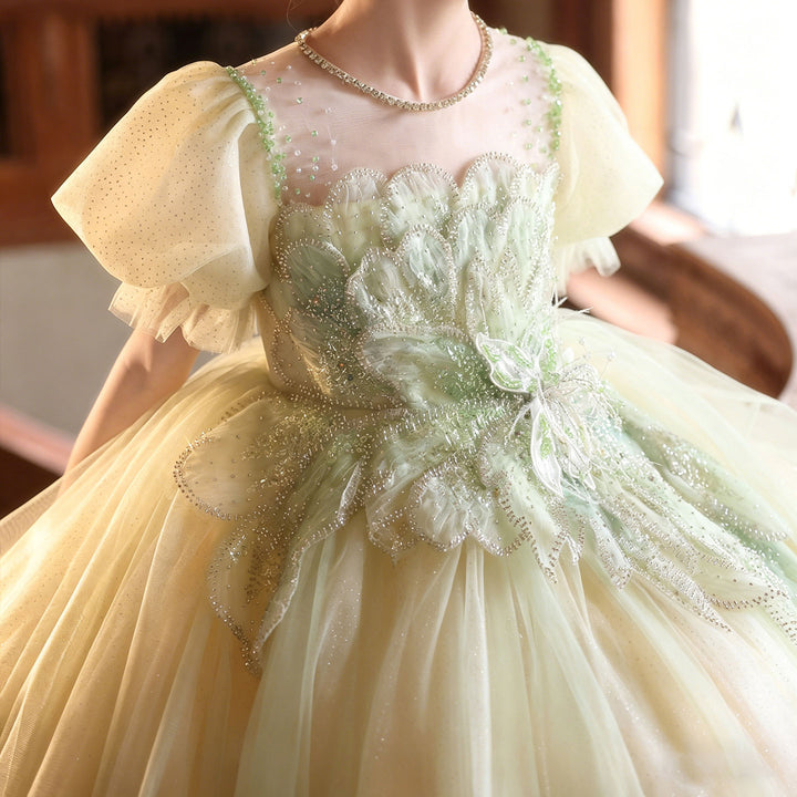 Luxury Sage Green Flower Girl Dress with Embroidery Princess Tulle Wedding Gown J219