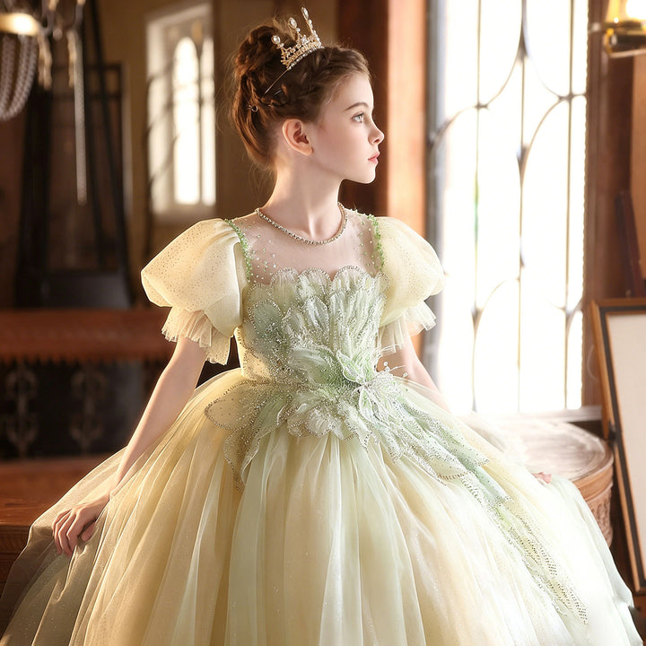 Luxury Sage Green Flower Girl Dress with Embroidery Princess Tulle Wedding Gown J219