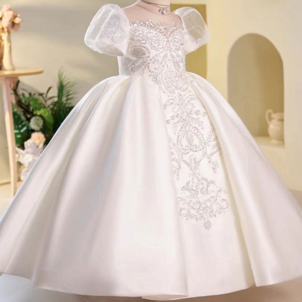 White Flower Girl Dress for Girls with Puff Sleeves for Wedding J251
