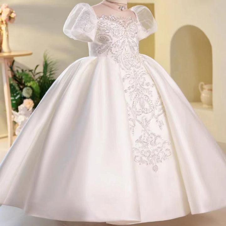 White Flower Girl Dress for Girls with Puff Sleeves for Wedding J251