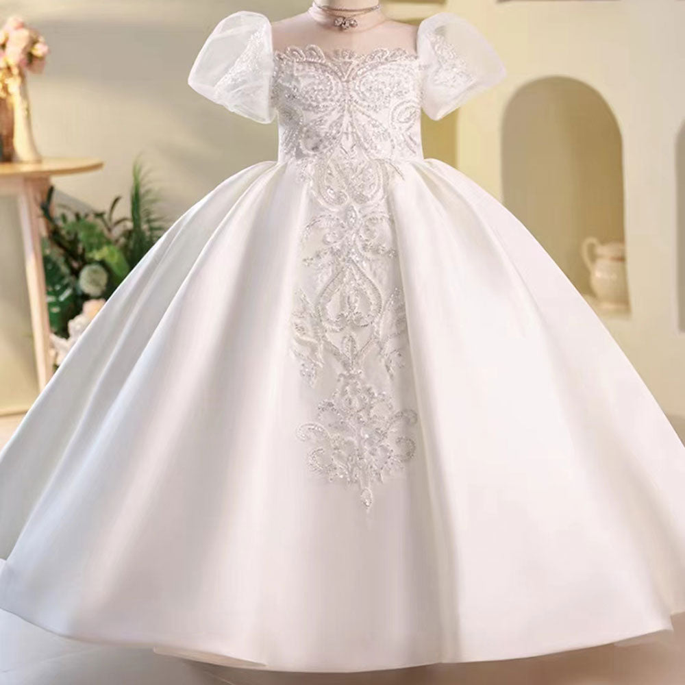 White Flower Girl Dress for Girls with Puff Sleeves for Wedding J251
