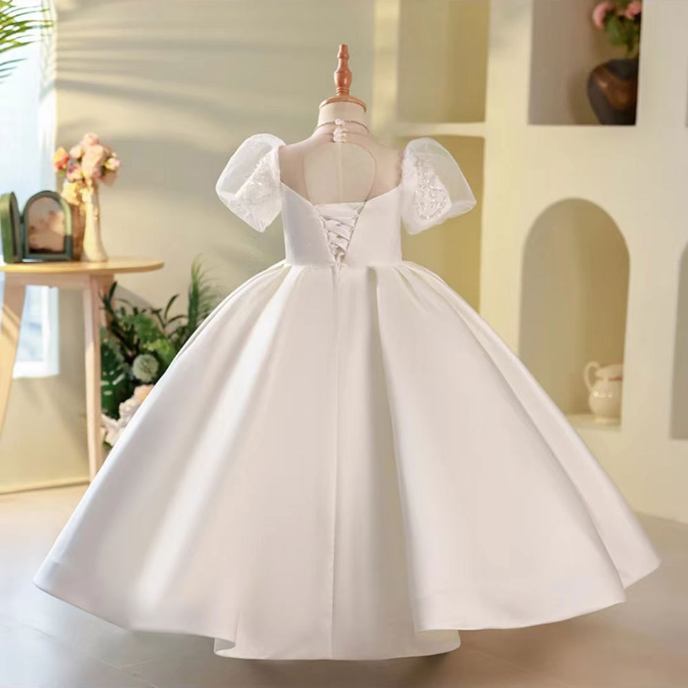 White Flower Girl Dress for Girls with Puff Sleeves for Wedding J251