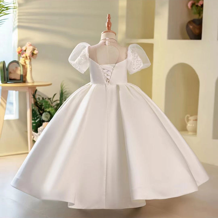 White Flower Girl Dress for Girls with Puff Sleeves for Wedding J251