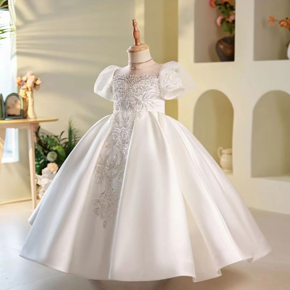 White Flower Girl Dress for Girls with Puff Sleeves for Wedding J251