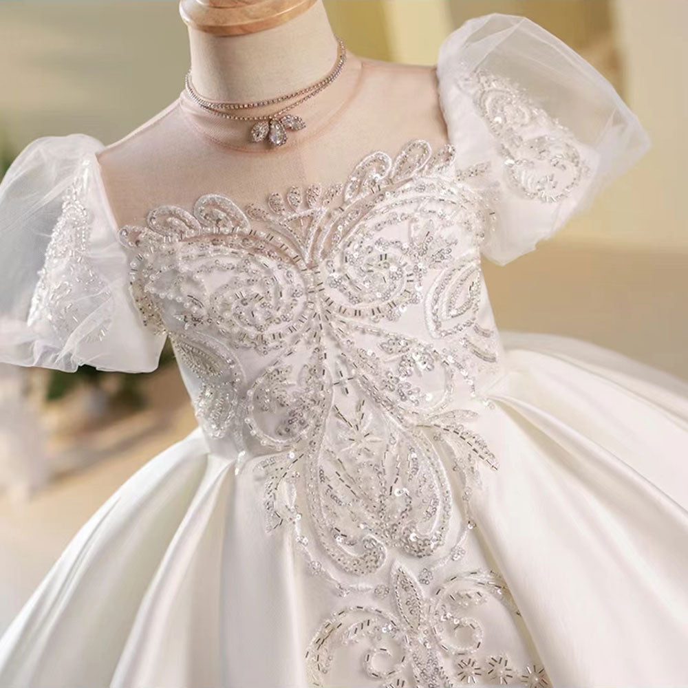 White Flower Girl Dress for Girls with Puff Sleeves for Wedding J251