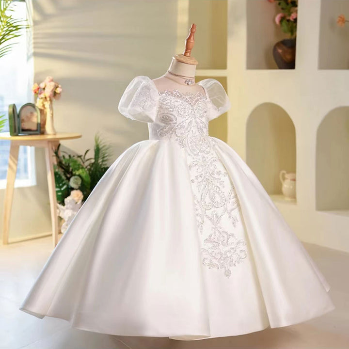 White Flower Girl Dress for Girls with Puff Sleeves for Wedding J251