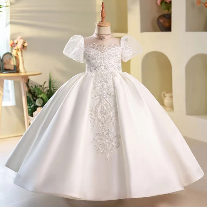 White Flower Girl Dress for Girls with Puff Sleeves for Wedding J251