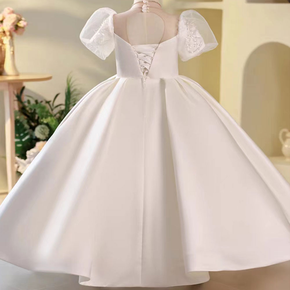 White Flower Girl Dress for Girls with Puff Sleeves for Wedding J251