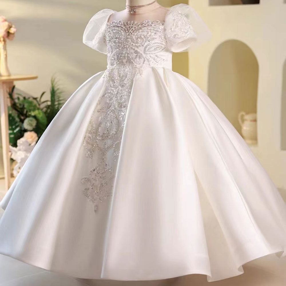 White Flower Girl Dress for Girls with Puff Sleeves for Wedding J251