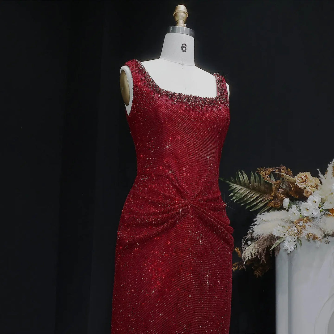 Elegant Green Beaded Sequin Evening Dress with Square Neck SS655