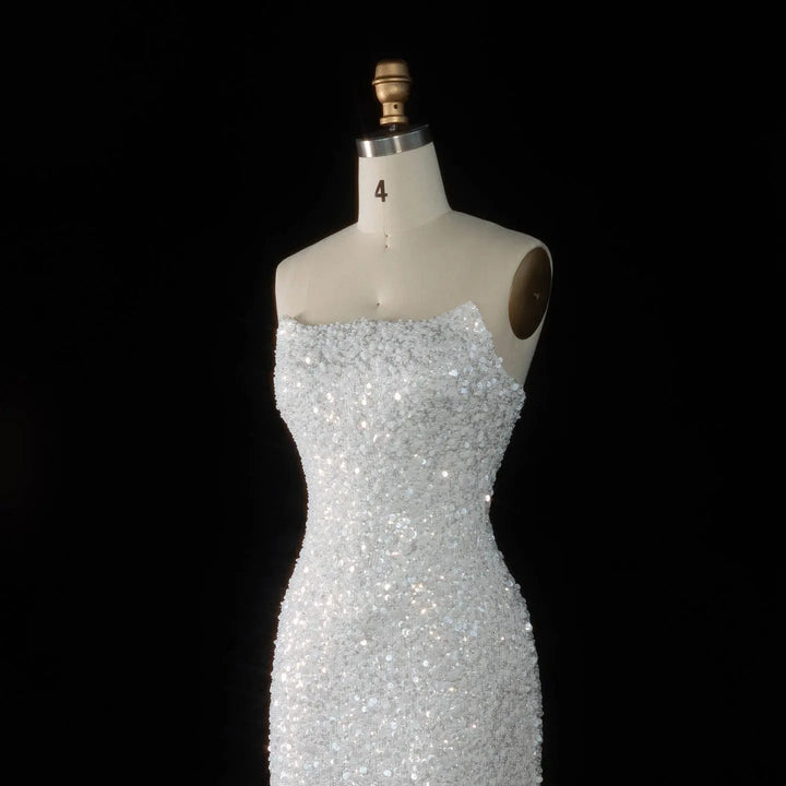 Elegant White Sequin and Pearl Strapless Mini Wedding Dress SW520