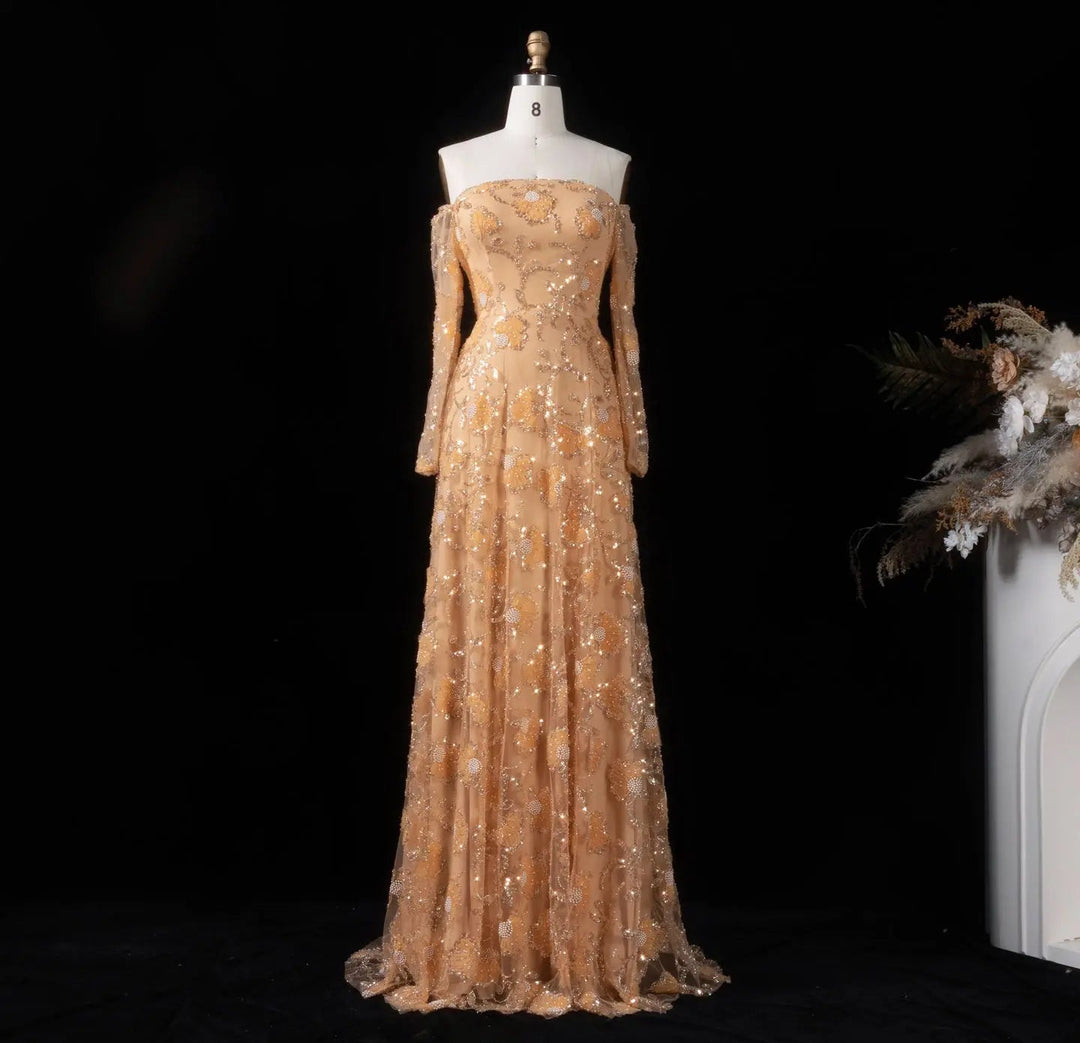 Luxury Pink Beaded Embroidered Long Sleeve Evening Dress SS638