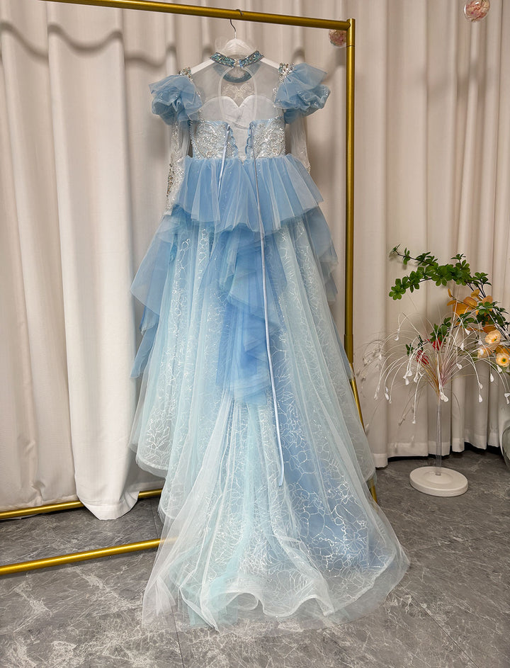 Luxury Blue Dubai Girl Dress Beaded Pearls Arabic J378