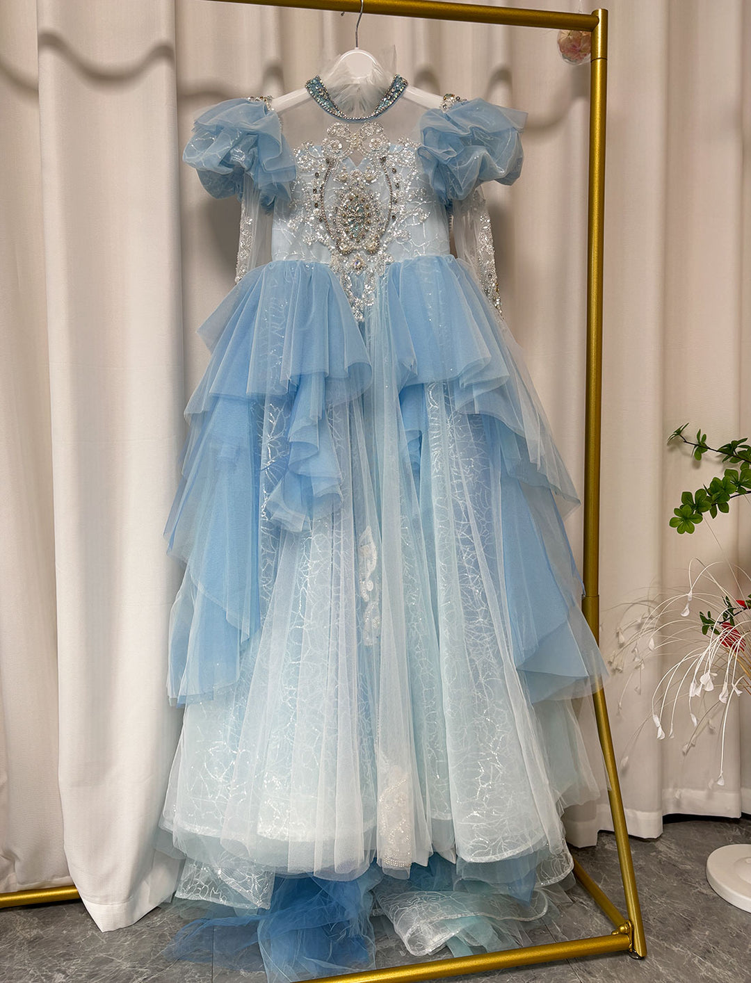 Luxury Blue Dubai Girl Dress Beaded Pearls Arabic J378