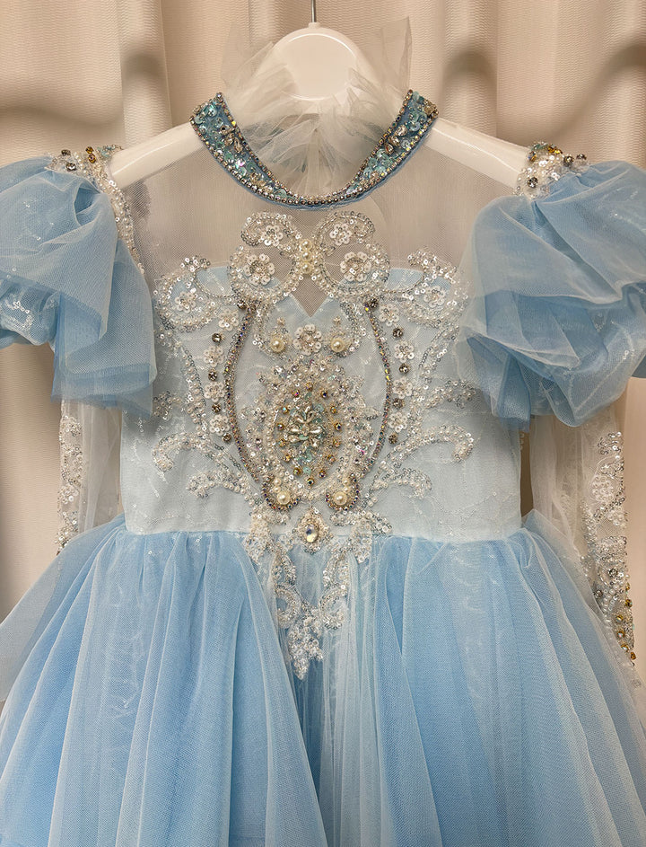 Luxury Blue Dubai Girl Dress Beaded Pearls Arabic J378