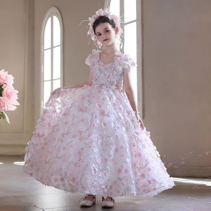 Elegant 3D Floral Pink Girl Gown Princess Style for Birthday Party J183
