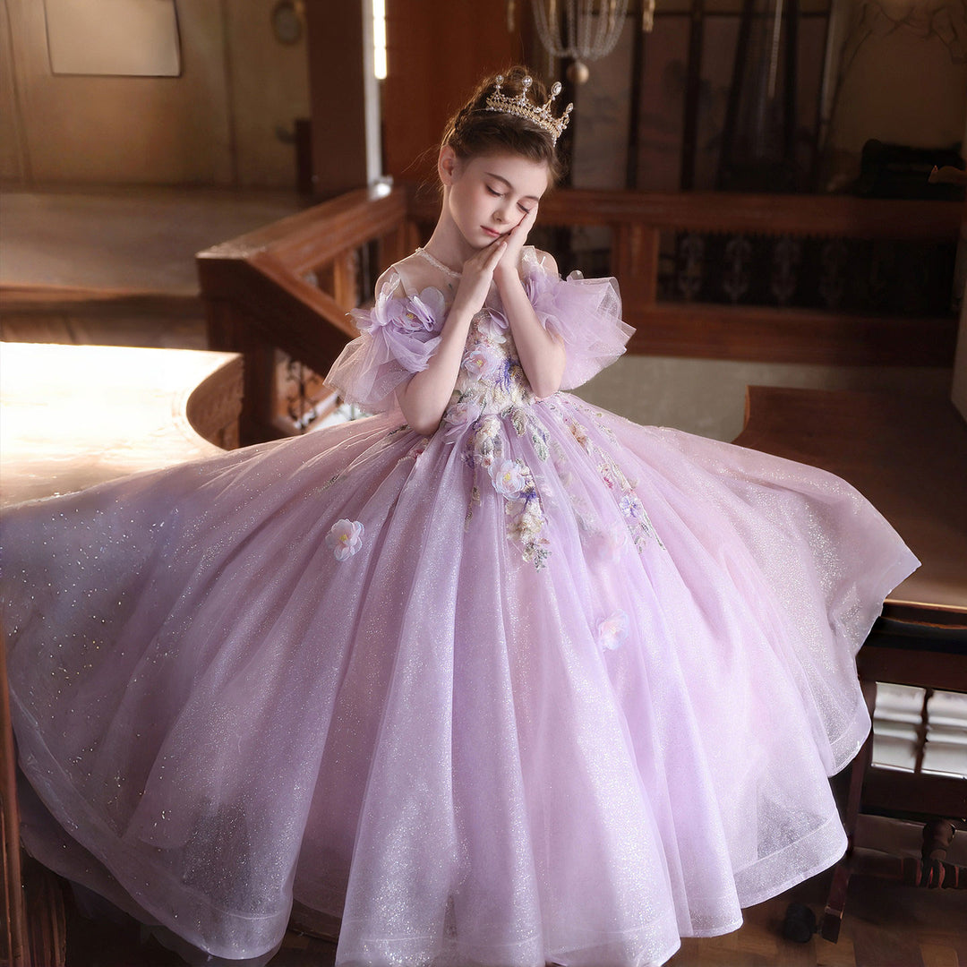 Luxury Lilac Flower Girl Dress with 3D Floral Embroidery Princess Tulle Gown J222
