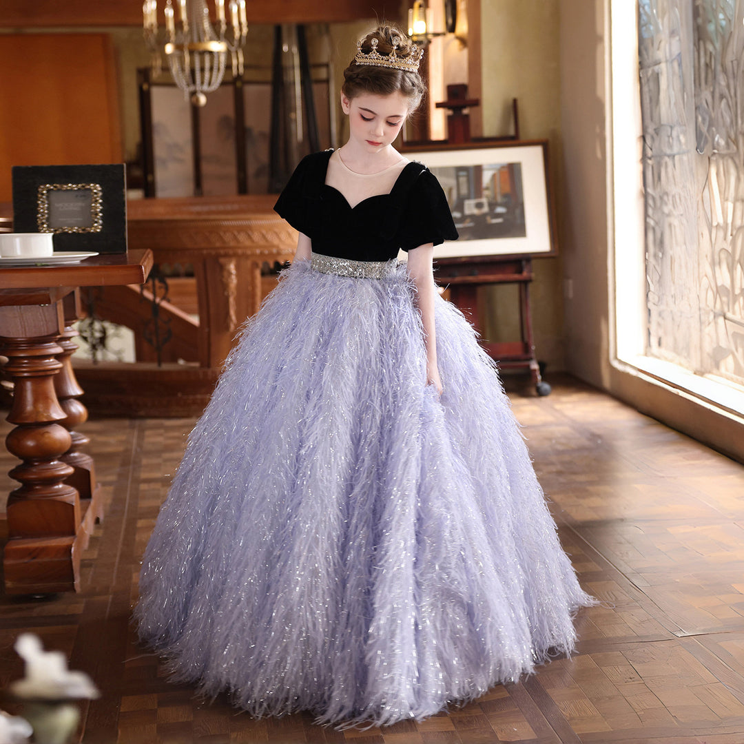 Elegant Lilac Puffy Flower Girl Dress with Feather Tulle Skirt J229 DreamyVow Elegant Lilac Puffy Flower Girl Dress with Feather Tulle Skirt J229 DreamyVow