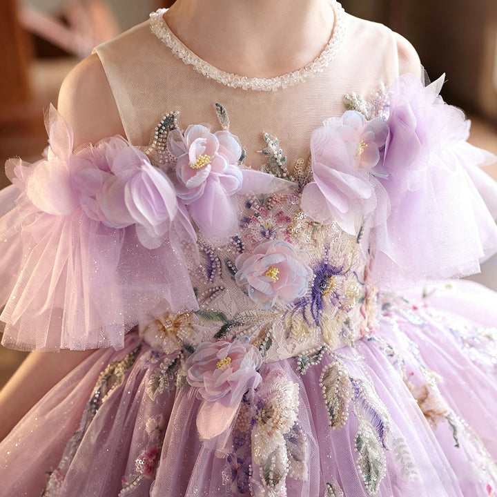 Luxury Lilac Flower Girl Dress with 3D Floral Embroidery Princess Tulle Gown J222