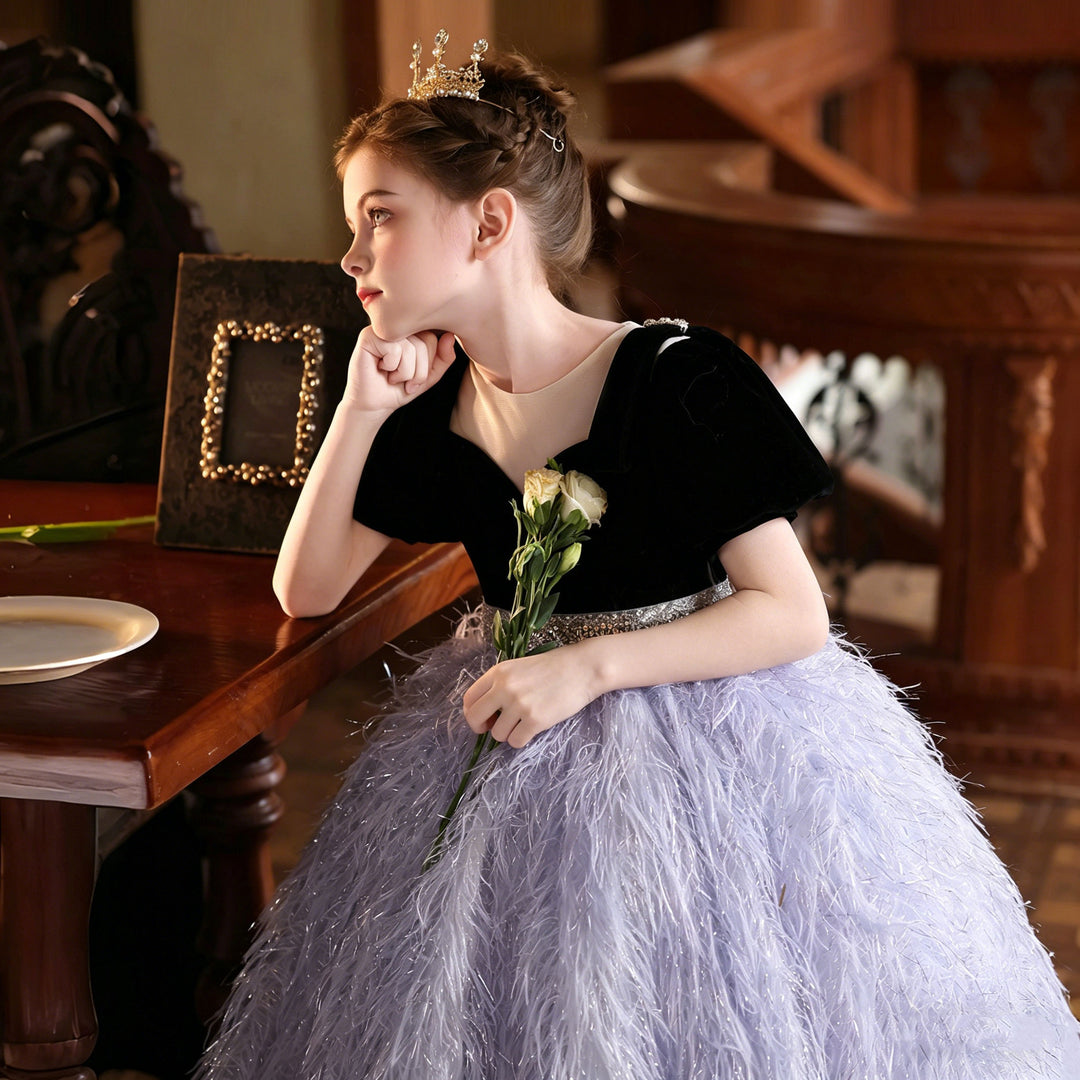 Elegant Lilac Puffy Flower Girl Dress with Feather Tulle Skirt J229