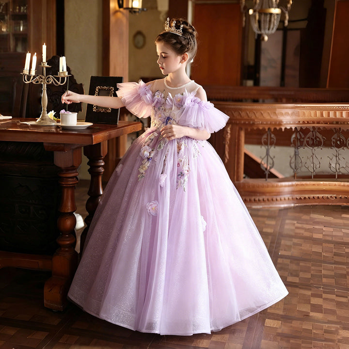 Luxury Lilac Flower Girl Dress with 3D Floral Embroidery Princess Tulle Gown J222