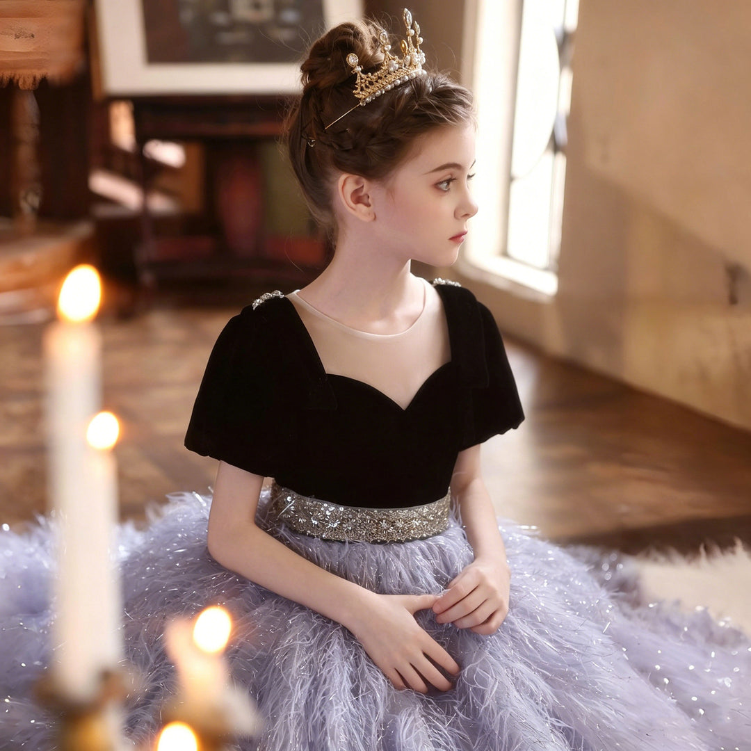 Elegant Lilac Puffy Flower Girl Dress with Feather Tulle Skirt J229
