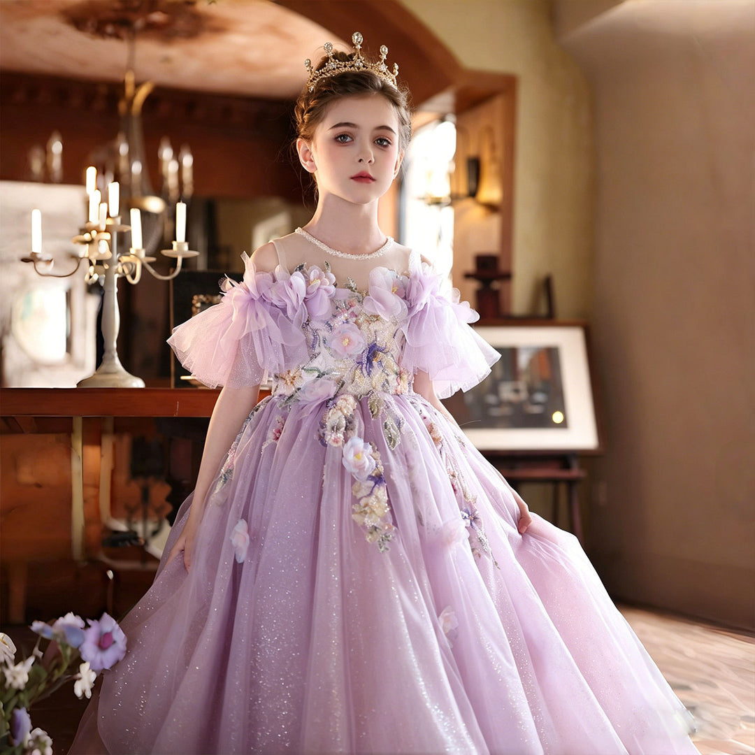 Luxury Lilac Flower Girl Dress with 3D Floral Embroidery Princess Tulle Gown J222