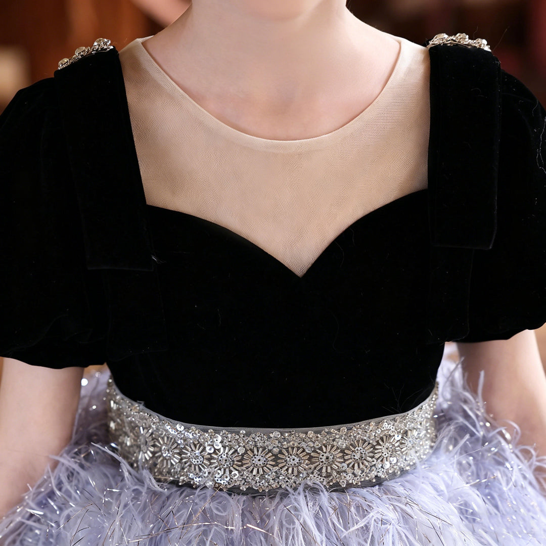 Elegant Lilac Puffy Flower Girl Dress with Feather Tulle Skirt J229
