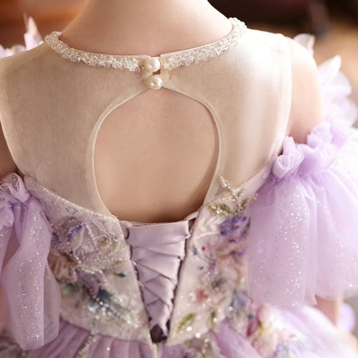 Luxury Lilac Flower Girl Dress with 3D Floral Embroidery Princess Tulle Gown J222
