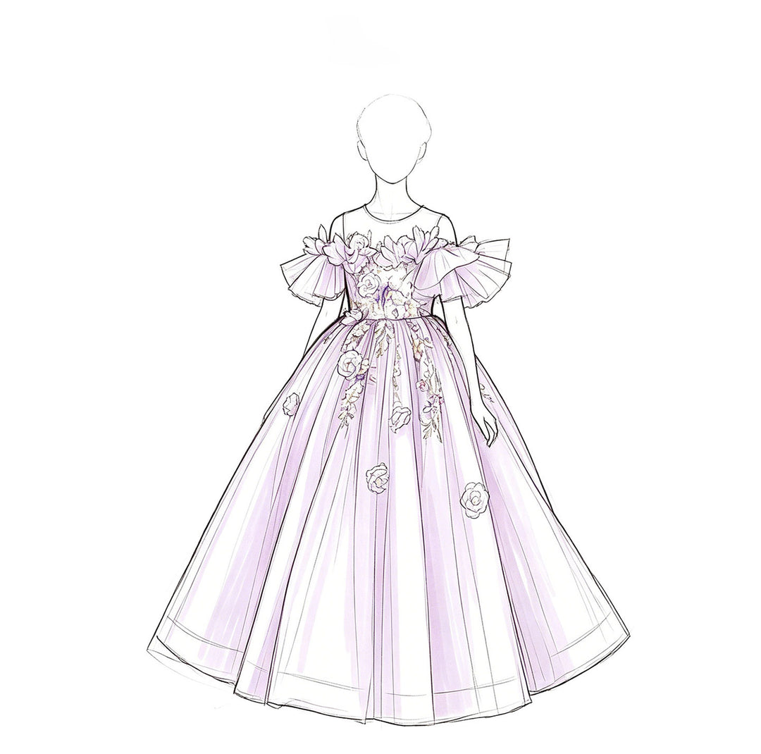Luxury Lilac Flower Girl Dress with 3D Floral Embroidery Princess Tulle Gown J222