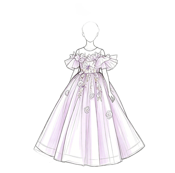 Luxury Lilac Flower Girl Dress with 3D Floral Embroidery Princess Tulle Gown J222