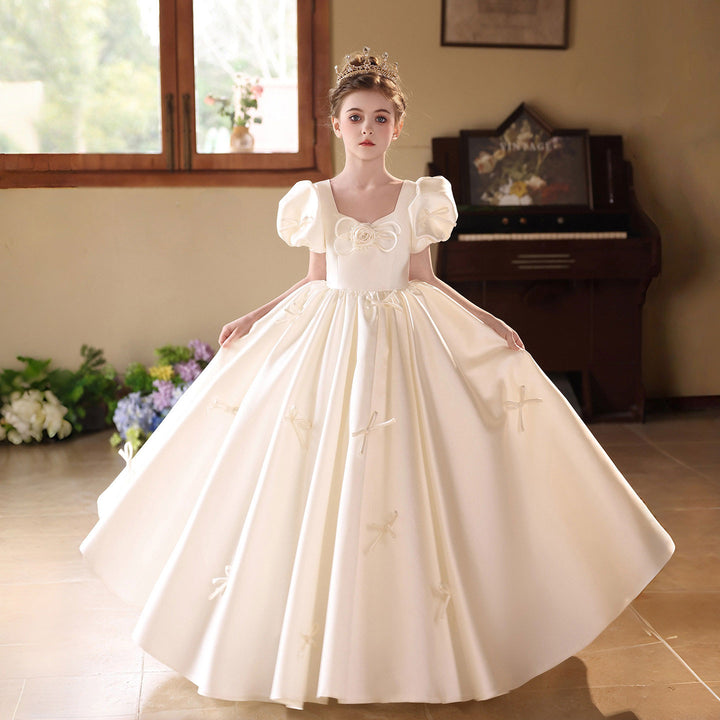 Elegant off white Flower Girl Dress with Bow Detail Princess Wedding Party Gown J228