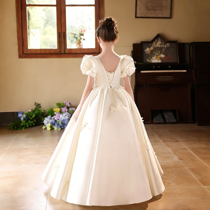 Elegant off white Flower Girl Dress with Bow Detail Princess Wedding Party Gown J228