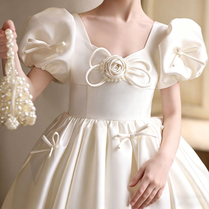 Elegant off white Flower Girl Dress with Bow Detail Princess Wedding Party Gown J228