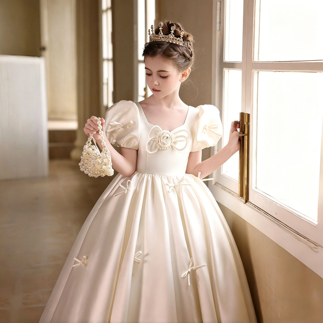 Elegant off white Flower Girl Dress with Bow Detail Princess Wedding Party Gown J228