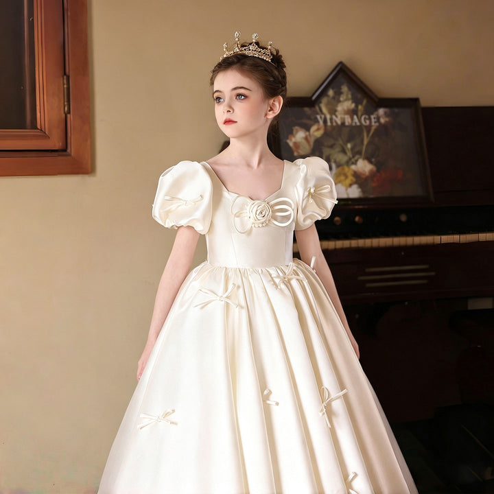 Elegant off white Flower Girl Dress with Bow Detail Princess Wedding Party Gown J228