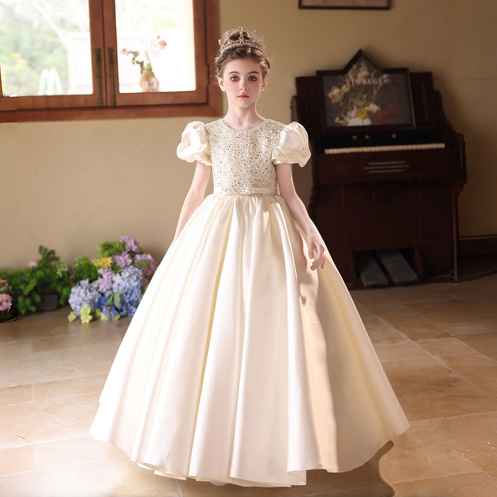 Elegant White Princess Flower Girl Dress with Puff Sleeves and Satin Full Length Skirt J212