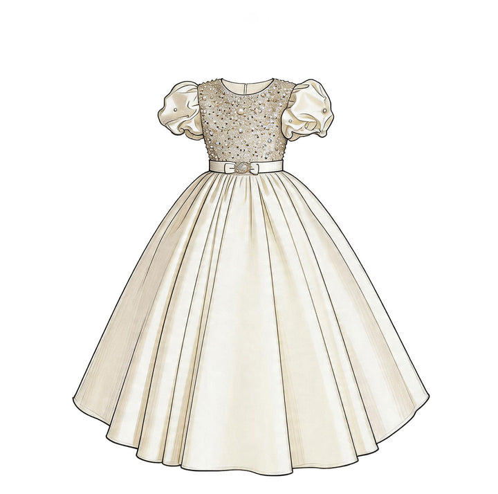 Elegant White Princess Flower Girl Dress with Puff Sleeves and Satin Full Length Skirt J212