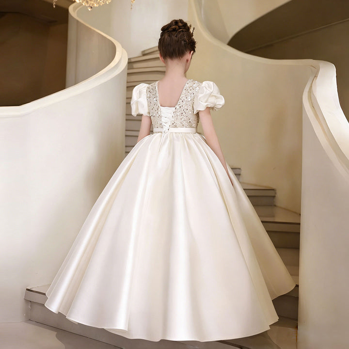 Elegant White Princess Flower Girl Dress with Puff Sleeves and Satin Full Length Skirt J212