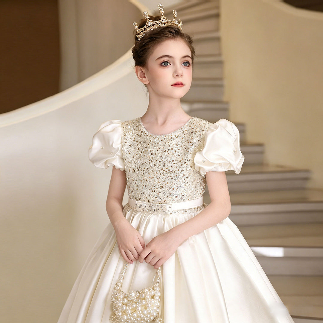 Elegant White Princess Flower Girl Dress with Puff Sleeves and Satin Full Length Skirt J212