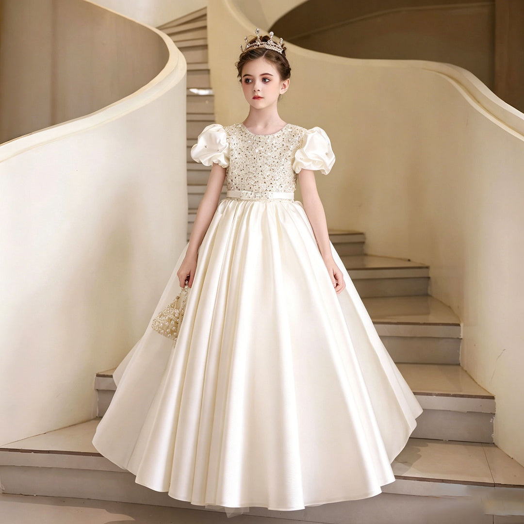 Elegant White Princess Flower Girl Dress with Puff Sleeves and Satin Full Length Skirt J212