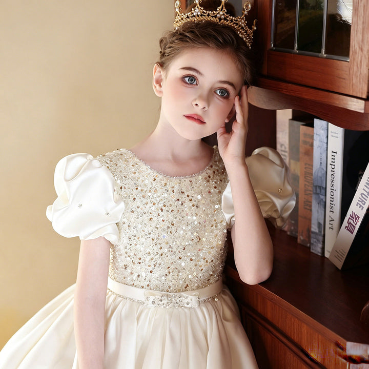 Elegant White Princess Flower Girl Dress with Puff Sleeves and Satin Full Length Skirt J212