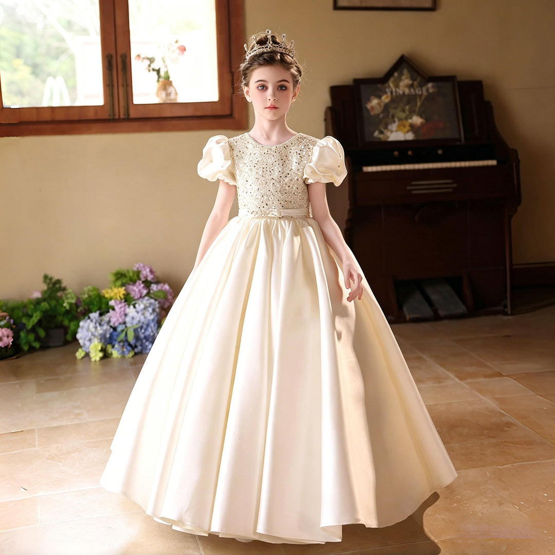 Elegant White Princess Flower Girl Dress with Puff Sleeves and Satin Full Length Skirt J212