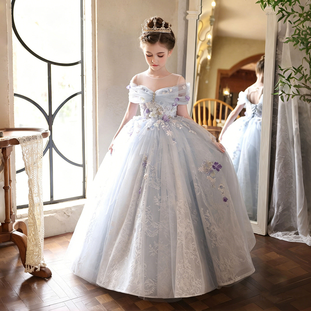 Elegant Blue Princess Flower Girl Dress with Lace 3D Flowers J236 DreamyVow Elegant Blue Princess Flower Girl Dress with Lace 3D Flowers J236 DreamyVow