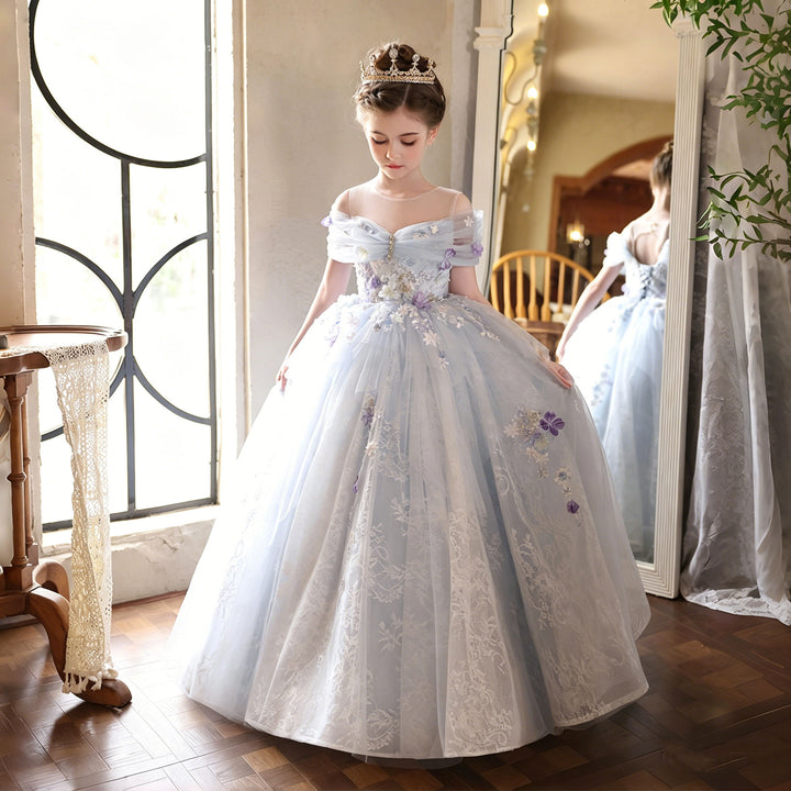 Elegant Blue Princess Flower Girl Dress with Lace 3D Flowers J236
