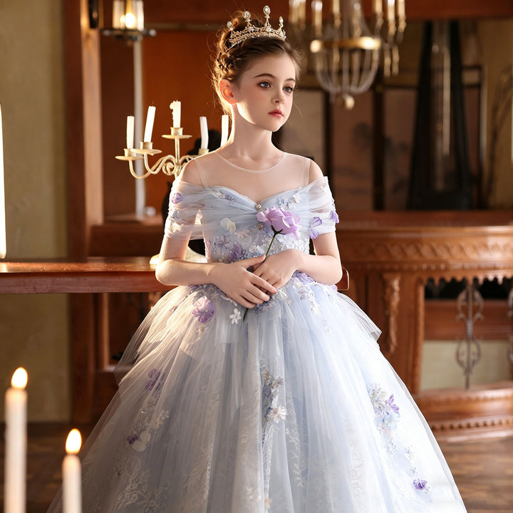 Elegant Blue Princess Flower Girl Dress with Lace 3D Flowers J236